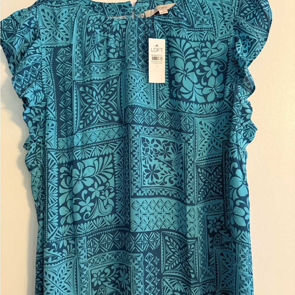 LOFT Green and Blue Flutter Sleeve Ruffled Blouse